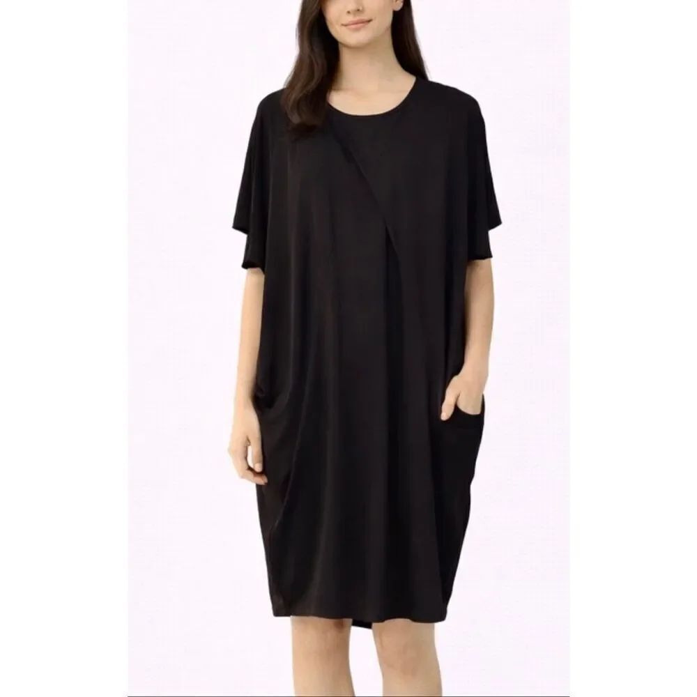 New York & Company black draped pocket front vneck dress M